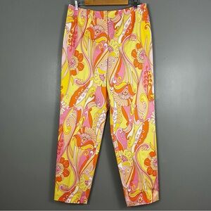 Talbots Size 14 Marigold Yellow Orange Pink Paisley Cotton Cropped Pants Large